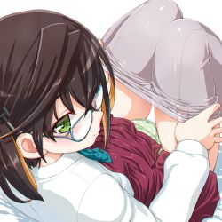 Rule 34 | 1girl, blouse, blue-framed eyewear, blue bow, blue bowtie, blush, bow, bowtie, breasts, brown hair, closed mouth, clothes pull, commentary request, dd (ijigendd), dress, glasses, green eyes, green panties, grey pantyhose, hair ornament, kantai collection, knees together feet apart, looking at viewer, okinami (kancolle), panties, pantyhose, pantyhose pull, polka dot, polka dot panties, pulling own clothes, purple dress, shirt, short hair, simple background, sitting, sleeveless, sleeveless dress, small breasts, solo, underwear, white background, white shirt