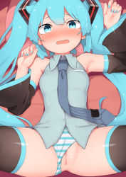 Rule 34 | 1girl, abmayo, aqua nails, armpits, bare shoulders, black sleeves, black thighhighs, blue eyes, blue nails, blush, breasts, censored, closed mouth, clothing aside, collared shirt, detached sleeves, hands up, hatsune miku, highres, long hair, long sleeves, looking at viewer, lying, mosaic censoring, nail polish, necktie, nose blush, on back, panties, panties aside, shirt, sleeveless, sleeveless shirt, small breasts, solo, spread legs, striped clothes, striped panties, thighhighs, twintails, underwear, very long hair, vocaloid