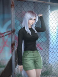 Rule 34 | 1girl, arm at side, arms up, black shirt, breasts, chain-link fence, closed mouth, commentary, denim, denim shorts, english commentary, fence, freckles, gohpot, graffiti, green eyes, green shorts, grey hair, hair between eyes, large breasts, lips, long hair, long sleeves, looking at viewer, medium breasts, original, rust, shirt, shorts, signature, sleeves past wrists, solo, standing, very long hair