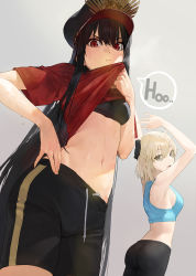 Rule 34 | 2girls, ahoge, ass, bare shoulders, black bow, black hair, black headwear, black pants, black shorts, blonde hair, blush, bow, breasts, closed mouth, clothes lift, crest, family crest, fate/grand order, fate (series), grey background, hair between eyes, hair bow, half updo, hat, highres, koha-ace, lifting own clothes, long hair, looking at viewer, medium breasts, military hat, modare, multiple girls, navel, oda nobunaga (fate), oda nobunaga (koha-ace), oda uri, okita souji (fate), okita souji (koha-ace), open mouth, pants, peaked cap, red eyes, red shirt, shirt, shirt lift, short hair, short sleeves, shorts, small breasts, smile, sports bra, t-shirt, very long hair, yellow eyes, yoga pants