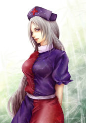 Rule 34 | 1girl, arms behind back, breasts, dress, hat, kuzutetsu no nue, large breasts, lips, long hair, looking at viewer, nose, nurse cap, open mouth, profile, puffy short sleeves, puffy sleeves, purple eyes, short sleeves, sideways glance, silver hair, solo, taut clothes, taut dress, touhou, upper body, very long hair, yagokoro eirin