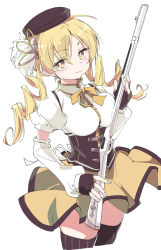 Rule 34 | 1girl, beret, blonde hair, blush, breasts, brown hat, closed mouth, corset, drill hair, gun, hair ornament, hat, ixy, large breasts, looking at viewer, magical girl, magical musket, mahou shoujo madoka magica, mahou shoujo madoka magica (anime), musket, ribbon, simple background, skirt, solo, striped clothes, striped thighhighs, thighhighs, tomoe mami, tomoe mami (magical girl), twin drills, vertical-striped clothes, vertical-striped thighhighs, weapon, white background, yellow eyes, yellow neckwear, yellow ribbon, yellow skirt, zettai ryouiki