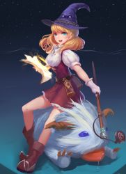 Rule 34 | 1girl, :d, absurdres, alternate costume, blonde hair, blue eyes, book, boots, brown footwear, doren, gloves, hat, highres, hourglass, league of legends, looking at viewer, lux (league of legends), nengajou, new year, open book, open mouth, poro (league of legends), purple hat, rabadon&#039;s deathcap, smile, staff, white gloves, zhonya&#039;s hourglass