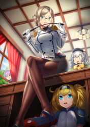 Rule 34 | 4girls, :p, aoba (kancolle), blonde hair, blue eyes, blush, breasts, brown hair, brown legwear, buttons, ceiling, ceiling light, closed mouth, collared shirt, commentary request, crossed legs, crying, curtains, desk, double-breasted, enemy lifebuoy (kancolle), epaulettes, folded ponytail, from below, gambier bay (kancolle), glasses, gloves, green eyes, hair between eyes, hairband, hat, high heels, holding, indoors, jacket, kantai collection, kashima (kancolle), katori (kancolle), legs, light brown hair, long hair, long sleeves, looking at another, looking at viewer, medium breasts, military, military uniform, miniskirt, multicolored clothes, multiple girls, open mouth, pantyhose, parted bangs, peaked cap, pencil skirt, pointer, purple hair, riding crop, rimless eyewear, shirt, short sleeves, silver hair, sitting, skirt, sky, smile, t-head admiral, tearing up, tears, tongue, tongue out, tree, twintails, under table, uniform, unowen, white gloves, white legwear, window