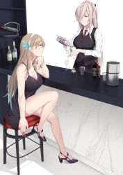 Rule 34 | 2girls, absolut vodka, alcohol, alternate costume, bar (place), bar stool, bare legs, bartender, black dress, black footwear, black vest, blue eyes, blue hair, blue nails, bottle, breasts, cartonbox (zhixiang zhi), cocktail shaker, collared shirt, counter, cup, dress, drinking glass, eyeshadow, feather hair ornament, gradient hair, grey hair, hair ornament, hair over one eye, hairband, hancock (warship girls r), high heels, highres, jack daniel&#039;s, jigger, knee up, large breasts, lexington (cv-16) (warship girls r), liquor, long hair, long sleeves, looking at another, makeup, multicolored hair, multiple girls, nail polish, pink nails, platinum blonde hair, pouring, product placement, profile, serious, shirt, short dress, sitting, sleeveless, sleeveless dress, spaghetti strap, stool, strappy heels, vest, vodka, warship girls r, whiskey, white hairband, white shirt, wine bottle, wine glass, yellow eyes