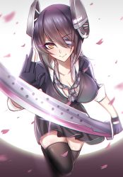 Rule 34 | 10s, 1girl, bad id, bad pixiv id, black thighhighs, cardigan, eyepatch, gloves, headgear, kantai collection, looking at viewer, meaomao, necktie, purple hair, school uniform, short hair, smile, solo, sword, tenryuu (kancolle), thighhighs, weapon, yellow eyes, zettai ryouiki