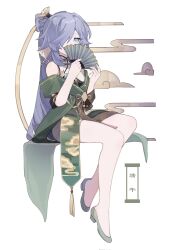 Rule 34 | 1girl, bare shoulders, blue eyes, cloud print, commentary request, covered mouth, dress, folding fan, fu hua, fu hua (azure empyrea), full body, green footwear, hair over one eye, hand fan, hands up, highres, holding, holding fan, honkai (series), honkai impact 3rd, long hair, manfu w, purple hair, shoes, simple background, sitting, sleeveless, sleeveless dress, solo, very long hair, white background, white dress