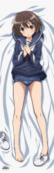 Rule 34 | 1girl, absurdres, animal ears, barefoot, bed sheet, blush, brave witches, breasts, brown eyes, brown hair, collarbone, copyright name, covered navel, dakimakura (medium), feet, from above, full body, gluteal fold, hair between eyes, highres, incredibly absurdres, karibuchi hikari, looking at viewer, lying, official art, open mouth, own hands together, school uniform, shiny clothes, shiny skin, shoes, short hair, single shoe, solo, toes, world witches series