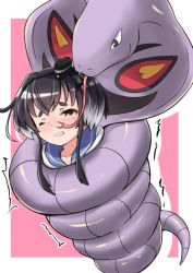 Rule 34 | 1girl, animal, arbok, black hair, brown eyes, cobra (animal), commentary request, commission, creatures (company), crossover, forked tongue, game freak, gen 1 pokemon, giant snake, hat, kantai collection, mini hat, nintendo, one eye closed, oversized animal, pokemon, pokemon (creature), restrained, short hair, short hair with long locks, sidelocks, skeb commission, smokestack hair ornament, thick eyebrows, tokitsukaze (kancolle), tongue, yokoshima (euphoria)