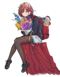 Rule 34 | 1girl, absurdres, backpack, bag, bouquet, brown hair, commentary, flower, full body, hair ornament, hairclip, highres, higuchi madoka, holding, holding bouquet, idolmaster, idolmaster shiny colors, looking at viewer, miniskirt, mole, mole under eye, pantyhose, plaid, plaid skirt, pleated skirt, purple eyes, short hair, sitting, skirt, solo, sweater, swept bangs, tinkie, white background