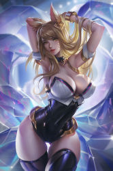 Rule 34 | 1girl, absurdres, ahri (league of legends), animal ears, armband, armpits, arms up, bare shoulders, blonde hair, bracelet, breasts, collar, collarbone, contrapposto, covered navel, facial mark, fur, gluteal fold, head tilt, highres, jewelry, jiam009, k/da (league of legends), k/da ahri, large breasts, league of legends, lips, looking at viewer, multiple tails, parted lips, playing with own hair, skin tight, skindentation, solo, tail, thigh gap, wide hips, yellow eyes