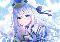 1girl animal_hat artist_name asaya-bigun blue_eyes blue_sky closed_mouth cloud cloudy_sky commentary_request double-parted_bangs hair_between_eyes hands_up hat light_blush light_smile long_hair long_sleeves looking_at_viewer narase_beauitful_sound!_(project_sekai) official_alternate_costume own_hands_together penguin_hat portrait project_sekai sidelocks sky soap_bubbles solo split_mouth straight_hair twitter_username watermark white_hair yoisaki_kanade