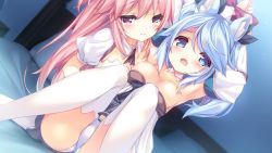 Rule 34 | 2girls, aisia mayfield, animal ear fluff, animal ears, armpits, arms up, bed, blue eyes, blue hair, blush, bound, bound wrists, breasts, breasts out, cat ears, clothes lift, clothes pull, detached sleeves, dress, dress lift, dress pull, game cg, karakara (game), knees to chest, knees together feet apart, legs up, long hair, lucia haynes, multiple girls, nipples, official art, open mouth, p19, panties, pantyshot, pillow, pink eyes, pink hair, ribbon, sitting, smile, strapless, strapless dress, thighhighs, underwear, white dress, white legwear, white panties, yuri