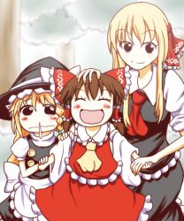 Rule 34 | 3girls, aged down, aged up, ascot, blonde hair, blush stickers, bow, braid, brown hair, detached sleeves, hair bow, hair ribbon, hair tubes, hakurei reimu, hand on another&#039;s head, hat, holding hands, kirisame marisa, long hair, lowres, majrise, multiple girls, open mouth, parody, ribbon, rumia, smile, snot, style parody, touhou, witch hat