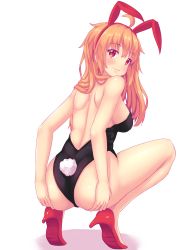 Rule 34 | 1girl, ahoge, animal ears, ass, ass grab, back, backless outfit, bare shoulders, blush, breasts, fake animal ears, from behind, hand on own ass, high heels, highres, large breasts, leotard, long hair, looking at viewer, nottytiffy, orange hair, original, parted lips, playboy bunny, rabbit ears, rabbit tail, red eyes, shiny clothes, shiny skin, sideboob, smile, solo, squatting, tail, tiffy (nottytiffy)