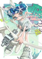 1girl :&lt; black_shorts blue_eyes blue_flower blue_hair blue_trim bow_hairband bright_pupils closed_mouth commentary commission dolphin_shorts flower full_body hair_ribbon hairband head_wreath highres holding holding_weapon inkling inkling_girl inkling_player_character light_blush nintendo order_stringer_(splatoon) p-pepper pointy_ears print_shirt ribbon seashell shell shirt short_hair shorts single_tear solo splatoon_(series) splatoon_3 splatter_print standing sweater_vest symbol-only_commentary tentacle_hair watermark weapon white_footwear white_hairband white_pupils white_ribbon white_shirt white_sweater_vest