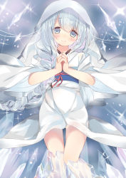 Rule 34 | 1girl, absurdres, ame usari, bad id, bad pixiv id, blue eyes, blush, braid, closed mouth, commentary request, fingernails, hair between eyes, hands up, head tilt, highres, hiyuki-chan, hood, hood up, ice, japanese clothes, kimono, long hair, long sleeves, looking at viewer, obi, own hands clasped, own hands together, sash, side braid, sidelocks, silver hair, smile, solo, sound voltex, very long hair, white kimono, wide sleeves