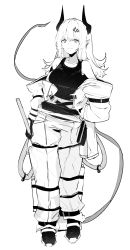 Rule 34 | 1girl, absurdres, arknights, arm at side, bare shoulders, boots, breasts, closed mouth, collarbone, ddari, earrings, eyebrows hidden by hair, full body, gloves, greyscale, hand on own hip, highres, holding, horns, jewelry, large breasts, long hair, long sleeves, looking at viewer, material growth, monochrome, mudrock (arknights), navel, off shoulder, open clothes, oripathy lesion (arknights), pointy ears, simple background, smile, solo, standing, tank top, white background