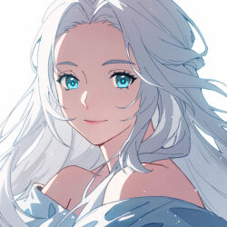 Rule 34 | 1girl, bare shoulders, blue eyes, commentary, english commentary, final fantasy, final fantasy xiv, half updo, long hair, looking at viewer, lyra-kotto, off shoulder, portrait, simple background, smile, solo, venat (ff14), wavy hair, white background, white hair