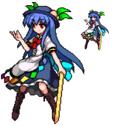 Rule 34 | 1girl, black headwear, blue hair, blue skirt, boots, bow, bowtie, brown footwear, closed mouth, commentary request, food, fruit, full body, funamushi nomore, hinanawi tenshi, holding, holding sword, holding weapon, hopeless masquerade, leaf, long hair, lowres, peach, pixel art, rainbow order, red bow, red bowtie, red eyes, short sleeves, simple background, skirt, smile, solo, sword, sword of hisou, touhou, weapon, white background