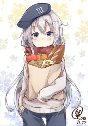 Rule 34 | 1girl, :o, alternate costume, apple, bag, baguette, beret, blue eyes, blue pants, blush, box, bread, carrot, casual, commentary request, cowboy shot, dated, floral background, food, fruit, grey sweater, groceries, grocery bag, hand in pocket, hat, hat ornament, hibiki (kancolle), highres, holding, holding bag, kantai collection, long hair, long sleeves, looking at viewer, ourah ikuzus, pants, parted lips, potato, red scarf, scarf, shopping bag, sidelocks, sideways hat, signature, silver hair, solo, standing, sweater, white background