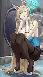 Rule 34 | 1girl, animal ears, asuna (blue archive), bare shoulders, black pantyhose, blonde hair, blue archive, blue eyes, blue leotard, blue ribbon, breasts, commentary request, fake animal ears, gloves, grin, hair ribbon, hands up, high heels, highres, large breasts, leotard, long hair, looking at viewer, pantyhose, playboy bunny, ref (pmxt4483), ribbon, scattered hair, smile, solo, strapless, strapless leotard, thighband pantyhose, very long hair, washing machine, white footwear, white gloves