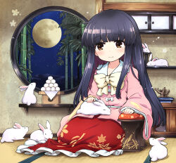Rule 34 | 1girl, arm rest, bamboo, blunt bangs, bonsai, bow, bowtie, brown eyes, cabinet, circle, closed mouth, floral print, food, frilled shirt collar, frilled skirt, frills, full moon, highres, hime cut, houraisan kaguya, indoors, long hair, long sleeves, looking at viewer, mizumoto tadashi, mochi, moon, mountainous horizon, night, night sky, petting, pink shirt, rabbit, red skirt, shelf, shirt, sitting, skirt, sky, sleeping animal, smile, solo, star (sky), starry sky, touhou, white bow, wide sleeves, window, yellow bow, yellow bowtie