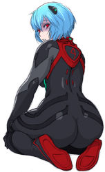 Rule 34 | 1girl, ass, ayanami rei, black bodysuit, blue hair, bodysuit, commentary request, from behind, huge ass, interface headset, jinroku, looking at viewer, looking back, narrow waist, neon genesis evangelion, open mouth, pale skin, pilot suit, plugsuit, red eyes, seiza, short hair, sitting, solo, wide hips