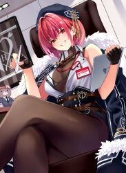 1girl absurdres bare_shoulders black_gloves black_pantyhose breasts cleavage crossed_legs fingerless_gloves gloves highres holding holding_stylus hololive houshou_marine indoors looking_at_viewer neji_mawashi3 pantyhose parted_lips red_eyes red_hair see-through see-through_cleavage shirt short_hair sitting sleeveless sleeveless_shirt smile solo stylus tablet_pc teeth virtual_youtuber white_shirt yellow_eyes