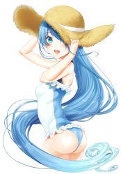 Rule 34 | 10s, 1girl, adjusting clothes, adjusting headwear, alternate costume, arched back, ass, bad id, bad pixiv id, bare arms, bare shoulders, blue eyes, blue hair, casual one-piece swimsuit, frilled swimsuit, frills, gradient hair, hair over one eye, hat, hat over one eye, highres, kantai collection, long hair, looking at viewer, looking back, matching hair/eyes, multicolored hair, nezumi doshi, one-piece swimsuit, one eye closed, open mouth, samidare (kancolle), simple background, smile, solo, straw hat, sun hat, swimsuit, very long hair, white background