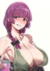 Rule 34 | 1girl, alternate breast size, black bow, blush, bocchi the rock!, bow, bow (bhp), braid, braided ponytail, breasts, can, cleavage, clenched teeth, collarbone, commentary request, dress, green dress, hair bow, hiroi kikuri, holding, holding can, large breasts, long hair, looking at viewer, no bra, purple eyes, purple hair, simple background, smile, solo, teeth, upper body, white background