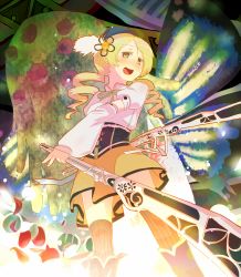 Rule 34 | 10s, 1girl, beret, blonde hair, drill hair, flower, gertrud (madoka magica), gozaemon, gun, gyoza emon, hat, highres, light, magical musket, mahou shoujo madoka magica, mahou shoujo madoka magica (anime), open mouth, outstretched arm, puffy sleeves, red flower, red rose, rifle, rose, short hair, solo, thighhighs, tomoe mami, twintails, weapon, witch&#039;s labyrinth, yellow eyes