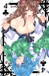 Rule 34 | 2girls, animal ears, bare shoulders, blue eyes, blue hair, breasts, brown eyes, brown hair, card, card (medium), cleavage, collarbone, commentary request, dress, drill hair, fins, floral print, head fins, highres, imaizumi kagerou, japanese clothes, kimono, large breasts, long sleeves, multiple girls, off-shoulder dress, off shoulder, playing card, touhou, wakasagihime, wide sleeves, wolf ears, yoiti