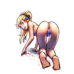 Rule 34 | 1girl, all fours, anus, anus peek, ass, barefoot, blonde hair, blue one-piece swimsuit, blush, breasts, crotch, female focus, from behind, full body, glasses, hair ribbon, highres, long hair, looking at viewer, looking back, one-piece swimsuit, open mouth, perrine h. clostermann, ponytail, ribbon, shiri chin, simple background, sketch, slingshot swimsuit, small breasts, soles, solo, strike witches, swimsuit, white background, world witches series