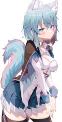 Rule 34 | 1girl, absurdres, animal ear fluff, animal ears, black thighhighs, blue eyes, blue hair, blue skirt, blush, breasts, cape, cleavage, cleavage cutout, closed mouth, clothing cutout, collared shirt, colored inner hair, commission, cowboy shot, hair between eyes, highres, indie virtual youtuber, jewelry, jun (aousa0328), long sleeves, looking at viewer, medium breasts, mikana leste, miniskirt, multicolored hair, neck ring, pink hair, pleated skirt, shirt, short hair, skeb commission, skirt, solo, tail, thighhighs, two-tone hair, virtual youtuber, white shirt, zettai ryouiki