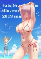 Rule 34 | 2girls, alternate costume, armpits, arms up, bare shoulders, bikini, bird, blue sky, breasts, cleavage, commentary request, day, fate/grand order, fate (series), frankenstein&#039;s monster (fate), frankenstein&#039;s monster (swimsuit saber) (fate), hair over one eye, hat, highres, jeanne d&#039;arc (fate), jeanne d&#039;arc alter santa lily (fate), large breasts, mash kyrielight, mordred (fate), mordred (fate) (all), mordred (fate/apocrypha), mordred (swimsuit rider) (fate), mordred (swimsuit rider) (first ascension) (fate), multiple girls, navel, ocean, outdoors, outstretched arms, overalls, partially submerged, paul bunyan (fate), pink hair, short hair, sky, small breasts, smile, swimsuit, takehisa tomoe, wading, water, white bikini