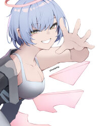 Rule 34 | 1girl, absurdres, arknights, artist name, black jacket, blue hair, breasts, cleavage, clenched teeth, detached sleeves, energy wings, green eyes, grin, halo, highres, jacket, large breasts, off shoulder, open clothes, open jacket, short hair, simple background, smile, solo, spuria (arknights), tank top, teeth, upper body, white background, white tank top, yuu azma