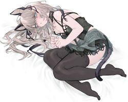 Rule 34 | 1girl, animal ears, aqua eyes, arknights, black camisole, black ribbon, black thighhighs, camisole, cat ears, cat girl, cat tail, commentary request, curled up, elite ii (arknights), full body, green skirt, grey hair, hair ribbon, highres, infection monitor (arknights), kochiya (gothope), lace, lace-trimmed skirt, lace trim, long hair, looking at viewer, lying, mint (arknights), mint (elite ii) (arknights), no jacket, no shoes, on side, open mouth, ribbon, simple background, skirt, solo, tail, thighhighs, white background