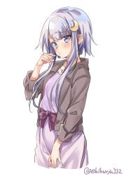 Rule 34 | 1girl, alternate costume, blunt ends, brown jacket, collarbone, commentary request, crescent, crescent hair ornament, cropped legs, dress, ebifurya, eyelashes, eyes visible through hair, furrowed brow, hair ornament, hand up, highres, jacket, kantai collection, lavender dress, light purple hair, lips, long sleeves, looking at viewer, pout, purple eyes, short hair with long locks, sidelocks, simple background, solo, standing, twitter username, white background, yayoi (kancolle), ||/