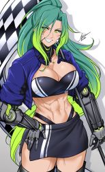 Rule 34 | 1girl, abs, absurdres, airisubaka, artist name, bandaid, bandaid on face, blue lips, borrowed character, breasts, cleavage, commentary, cowboy shot, crop top, cropped jacket, english commentary, eyes visible through hair, green eyes, green hair, grin, hand on own hip, highres, jacket, large breasts, long hair, looking at viewer, mechanical arms, midriff, miniskirt, muscular, muscular female, navel, open clothes, open jacket, original, pink pupils, race queen, sharp teeth, signature, skirt, sleeves rolled up, smile, solo, teeth, thighhighs, very long hair, vex (koyorin), zettai ryouiki