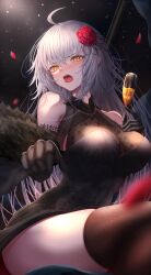 Rule 34 | 1girl, absurdres, ahoge, alternate costume, bare shoulders, black dress, black gloves, black thighhighs, blush, breasts, commentary request, crossed bangs, cup, dress, drink, drinking glass, elbow gloves, fate/grand order, fate (series), flower, formal, gloves, grey hair, hair between eyes, hair flower, hair ornament, highres, holding, holding cup, jeanne d&#039;arc alter (fate), large breasts, long hair, looking at viewer, open mouth, penguintake, petals, red flower, sitting, solo, thighhighs, thighs, very long hair, yellow eyes