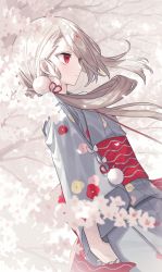 Rule 34 | 1girl, bad link, blonde hair, blurry, chorefuji, closed mouth, commentary request, day, eyelashes, eyeshadow, floating hair, floral print, flower, from side, grey kimono, hair ribbon, highres, ima-no-tsurugi, japanese clothes, kimono, long hair, long sleeves, makeup, outdoors, red eyes, red sash, ribbon, sash, solo, touken ranbu, white flower, wide sleeves