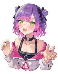 Rule 34 | 1girl, :d, bare shoulders, black bow, black choker, black shirt, blush, bow, choker, commentary, cropped torso, double bun, earrings, fangs, green eyes, hair bow, hair bun, hands up, highres, hololive, jacket, jewelry, long sleeves, looking at viewer, multicolored hair, multicolored nails, nail polish, o-ring, o-ring choker, open mouth, paw pose, pink hair, puffy long sleeves, puffy sleeves, purple eyes, purple nails, shirt, simple background, smile, solo, sooon, tokoyami towa, two-tone hair, upper body, virtual youtuber, white hair, white jacket, yellow nails