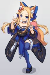 Rule 34 | 1girl, abigail williams (fate), animal ears, bare shoulders, blonde hair, blue bow, blue eyes, blue kimono, blue thighhighs, blush, bow, breasts, cosplay, detached sleeves, fate/grand order, fate (series), forehead, fox ears, fox girl, fox shadow puppet, fox tail, full body, hair bow, highres, japanese clothes, kimono, long hair, looking at viewer, miya (miyaruta), obi, parted bangs, sash, small breasts, smile, stuffed animal, stuffed toy, tail, tamamo (fate), tamamo no mae (fate/extra), tamamo no mae (fate/extra) (cosplay), teddy bear, thighhighs, twintails, wide sleeves