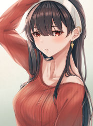 Rule 34 | 1girl, arm up, bare shoulders, black hair, blush, breasts, collarbone, earrings, gold earrings, hair between eyes, hairband, highres, jewelry, long hair, looking at viewer, off-shoulder sweater, off shoulder, parted lips, red eyes, red sweater, solo, spy x family, straight hair, sweater, upper body, white hairband, yor briar, yuzuyu (hyui)