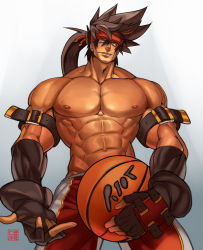 Rule 34 | 1boy, abs, alternate costume, ball, bara, basketball, basketball uniform, brown hair, commission, cowboy shot, fingerless gloves, from below, gloves, guilty gear, headgear, holding, holding ball, large pectorals, long hair, male focus, muscular, na insoo, navel, nipples, pectorals, ponytail, shiny skin, simple background, sol badguy, solo, spiked hair, sportswear, tight clothes, topless male, yellow eyes