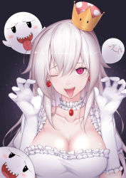 Rule 34 | 1girl, bad id, bad pixiv id, blush, breasts, cleavage, collarbone, dress, earrings, elbow gloves, eyebrows, ghost pose, gloves, highres, jewelry, large breasts, luigi&#039;s mansion, mario (series), new super mario bros. u deluxe, nintendo, one eye closed, open mouth, princess king boo, red eyes, scal2let, smile, solo, super crown, teeth, tongue, tongue out, upper body, white dress, white gloves, white hair
