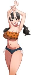 Rule 34 | 1girl, :d, \||/, absurdres, armpits, arms up, belly, black eyes, black hair, blue shorts, breasts, cleavage, collarbone, commentary, cowboy shot, dot nose, dungeon meshi, english commentary, hands up, heart, highres, horns, inutade, kiritzugu, legs together, looking to the side, low twintails, micro shorts, mole, mole under eye, navel, open mouth, shorts, simple background, skin-covered horns, smile, solo, teeth, thick eyebrows, thighs, twintails, upper teeth only, white background