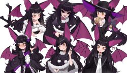 Rule 34 | 1girl, ;q, ?, ??, absurdres, alternate costume, animal ears, bat (animal), bat ears, bat girl, bat wings, black bow, black dress, black eyes, black hair, black hat, black jacket, black nails, black poncho, black sclera, blush, bow, bowtie, burger, center frills, clawed feet, closed mouth, collarbone, colored sclera, commission, controller, cross-laced clothes, dress, fang, flower, food, food in mouth, frills, fur-trimmed poncho, fur trim, game controller, grey bow, grey bowtie, hair flower, hair ornament, hand on own hip, hat, hat bow, heart, highres, holding, holding burger, holding controller, holding food, holding game controller, indie virtual youtuber, jacket, kiritzugu, large ears, long hair, maid headdress, midriff, moriko kyoho, navel, one eye closed, plaid, plaid bow, plaid bowtie, pom pom (clothes), purple bow, purple flower, school uniform, second-party source, shirt, skin fang, sweater, tongue, tongue out, virtual youtuber, white shirt, white sweater, wide brim, wings, yellow eyes