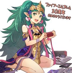 Rule 34 | 1girl, barefoot, braid, dress, famicom, fire emblem, fire emblem: three houses, game console, green eyes, green hair, hair ornament, holding, long hair, nij 24, nintendo, nintendo switch, open mouth, pointy ears, ribbon braid, simple background, sitting, solo, sothis (fire emblem), tiara, twin braids, white background